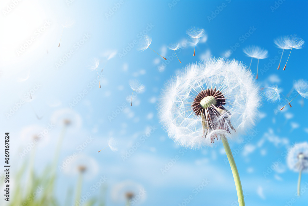Beautiful puffy dandelion and flying seeds against blue sky on sunny day