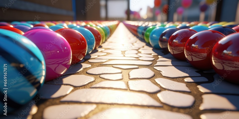 Fototapeta premium A row of brightly colored balls lined up on a sidewalk. Perfect for adding a pop of color to any design or project.