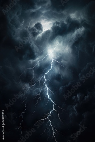 A dramatic image of a dark sky with a lightning bolt striking through the middle. Perfect for illustrating a stormy weather concept or adding intensity to any design.