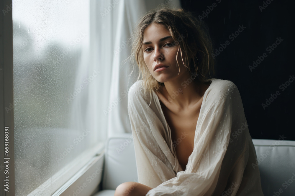 With a somber aura, a young and alluring woman peers through the window, her gaze capturing the profound emotions of feminine disillusionment and heartache With a somber aura, a young and alluring woman peers through the window, her gaze capturing the profound emotions of feminine disillusionment and heartache