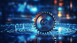 Gears icon on a digital display with reflection. Concept of business process workflow optimisation and automation, digital transformation, robotic process automation and flowing process management. 
