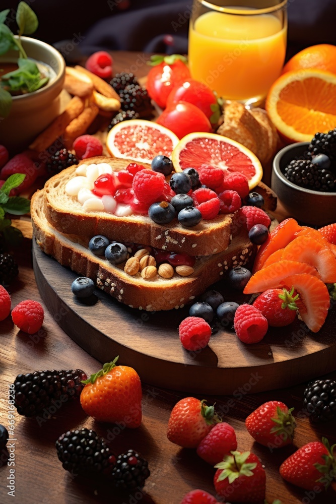 A wooden cutting board with slices of bread and various fruits. Perfect for food-related projects and healthy eating concepts. A wooden cutting board with slices of bread and various fruits. Perfect for food-related projects and healthy eating concepts.