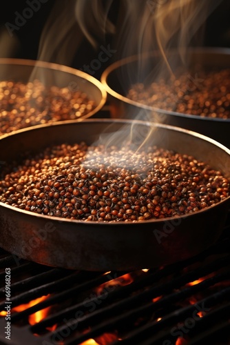 Two pans filled with beans cooking on a grill. Perfect for outdoor cooking or barbecue-themed projects.