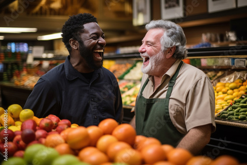 Friendly Exchange at the Fruit Stall: Warm laughter fills the air as an African American customer and an elderly man enjoy a pleasant conversation while shopping for fruits