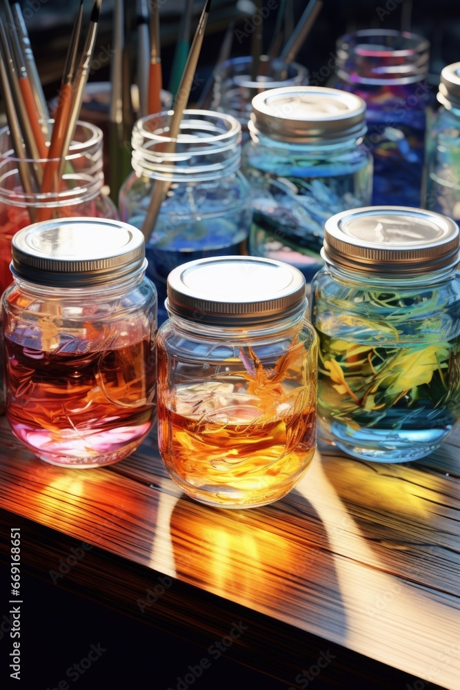 A row of jars filled with different colored liquid. Perfect for scientific or laboratory concepts. A row of jars filled with different colored liquid. Perfect for scientific or laboratory concepts.