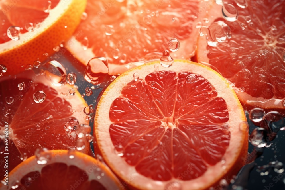 A detailed view of a grapefruit sliced in half. This vibrant fruit is perfect for adding a pop of color to any food or beverage-related project. A detailed view of a grapefruit sliced in half. This vibrant fruit is perfect for adding a pop of color to any food or beverage-related project.