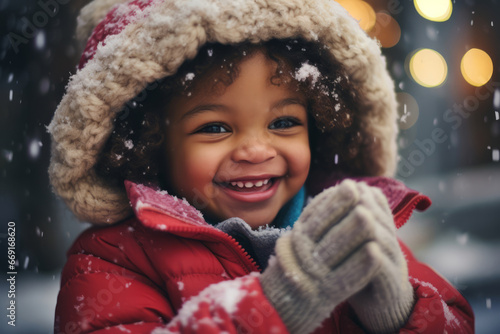 Little African American girl's joy in the first snow with bokeh