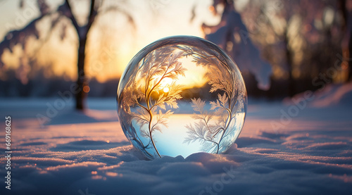 Christmas transparent bauble in the snow in winter natural background. © Anna