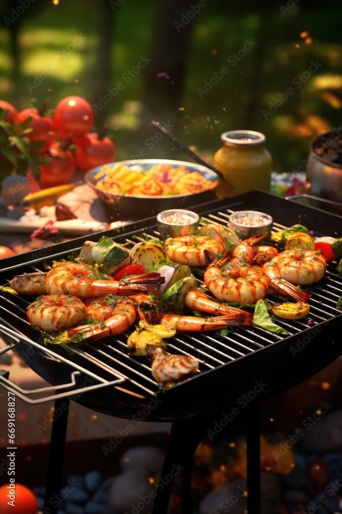 A picture showcasing a grill with shrimp and vegetables cooking on it. This image can be used to depict outdoor cooking or for recipes featuring grilled seafood and vegetables.