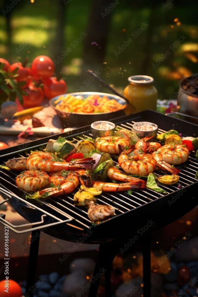 A picture showcasing a grill with shrimp and vegetables cooking on it. This image can be used to depict outdoor cooking or for recipes featuring grilled seafood and vegetables. A picture showcasing a grill with shrimp and vegetables cooking on it. This image can be used to depict outdoor cooking or for recipes featuring grilled seafood and vegetables.