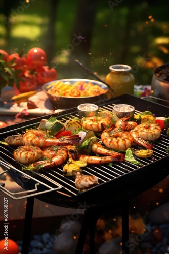 A picture showcasing a grill with shrimp and vegetables cooking on it. This image can be used to depict outdoor cooking or for recipes featuring grilled seafood and vegetables.