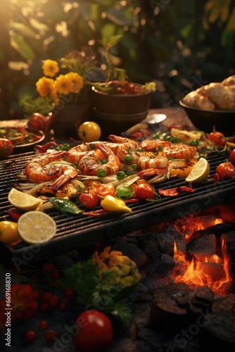 A picture of a grill topped with a variety of different types of food. This image can be used to depict a barbecue or outdoor cooking scene.
