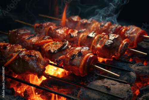 A delicious assortment of skewered meat sitting on top of a grill. Perfect for barbecues and outdoor cooking.