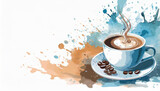 Beautiful watercolor hot coffee. Copy space.
