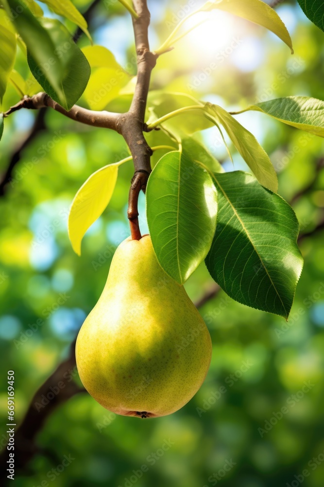 A fresh, green pear hanging from a tree branch. This picture can be used in various food-related designs and advertisements. A fresh, green pear hanging from a tree branch. This picture can be used in various food-related designs and advertisements.