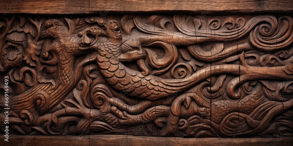 A detailed close-up of a wood carving depicting a bird. This image can be used to showcase traditional craftsmanship or as a decorative element in various design projects.