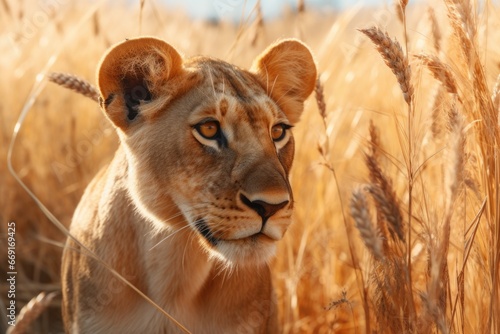 A close-up photograph of a majestic lion in a field of tall grass. This image captures the raw power and beauty of the king of the jungle. Perfect for wildlife enthusiasts and nature lovers alike.