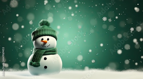snowman waring green hat and a scarf on the snow on a green background photo