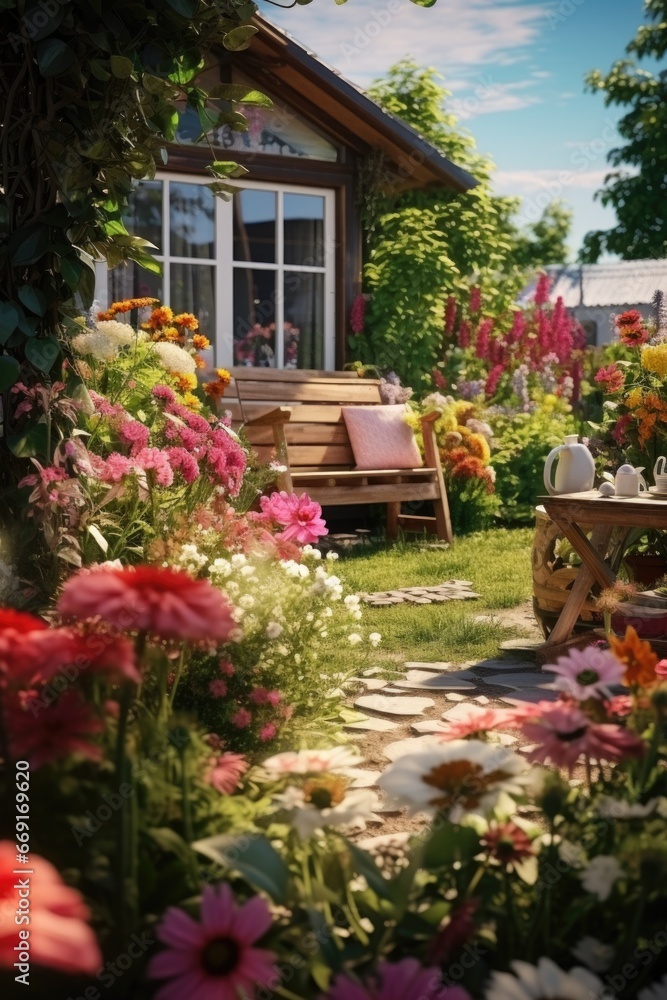 A serene garden with vibrant flowers and a rustic wooden bench. Perfect for adding a touch of nature to any project.