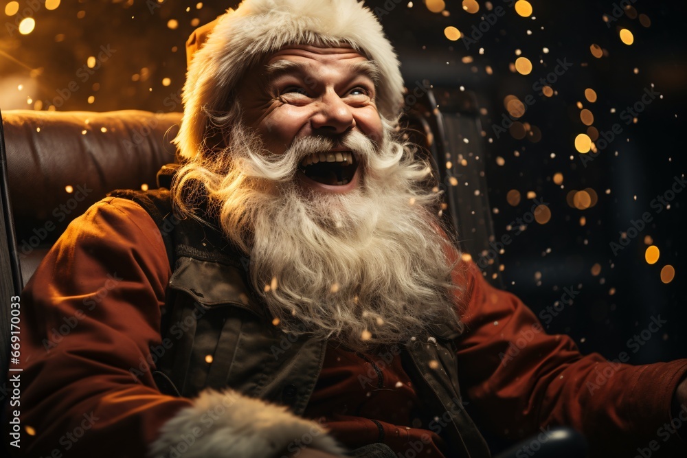 Portrait of a cheerful Santa Claus on the street. Christmas. Portrait of a happy Santa Claus sitting in a chair and laughing. Christmas and New Year concept.