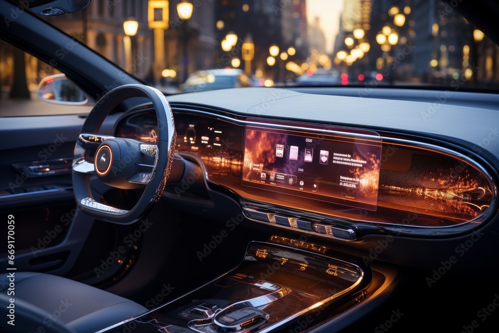 The elegant interior of a luxury car featuring a lit-up dashboard and steering wheel, with city lights in the background