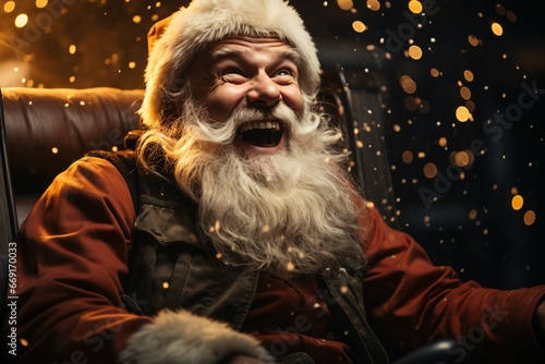 Portrait of a cheerful Santa Claus on the street. Christmas. Portrait of a happy Santa Claus sitting in a chair and laughing. Christmas and New Year concept.