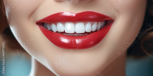 Close up of a woman s mouth with vibrant red lipstick. Perfect for beauty and cosmetics advertisements or editorial pieces on makeup trends