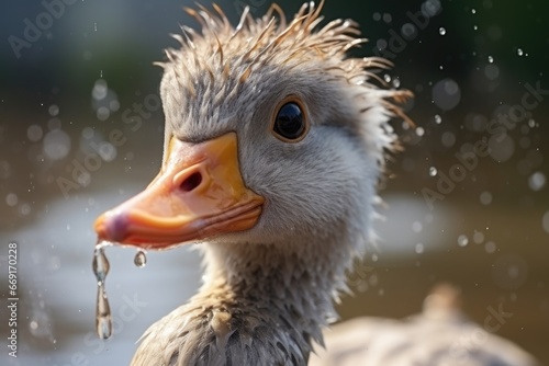 A detailed close up of a duck holding a chain in its mouth. This image can be used to depict a playful or curious animal, or as a metaphor for captivity or restriction. photo