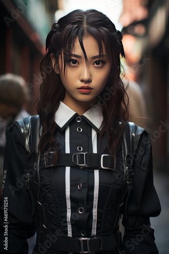 Young Woman in Striking Black Harness Dress on City Street