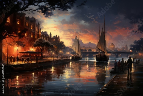 evocative digital painting of a historical harbor bathed in the warm glow of a setting sun