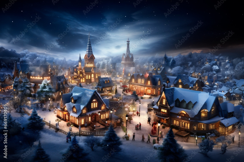 Snowy fairytale Christmas town, vintage illustration.