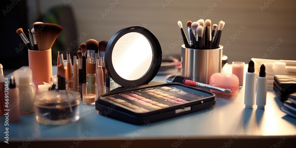 A table with makeup brushes and a mirror, perfect for beauty and cosmetic themed designs - obrazy, fototapety, plakaty 