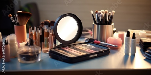 A table with makeup brushes and a mirror, perfect for beauty and cosmetic themed designs photo