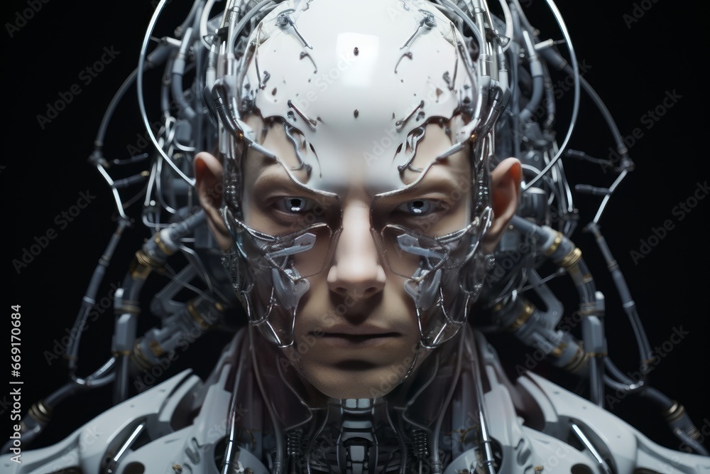 A portrait of a male android with an intricate wiring design, evoking a futuristic and cybernetic aesthetic