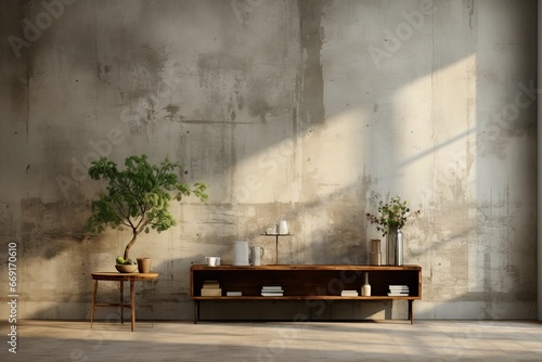 a minimalist interior with modern decor, the sunlight room showcases concrete walls that create mesmerizing shadow play. Contemporary furniture exudes simple elegance, while indoor plants add a touch  © jechm