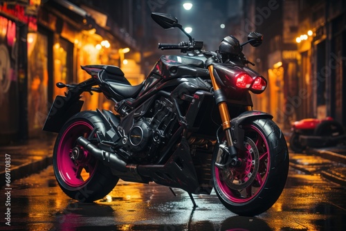 Black Motorcycle Parked on Rainy City Street at Night