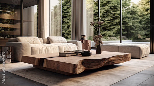 Livingroom, edge tree stump accent coffee table with big couch in room