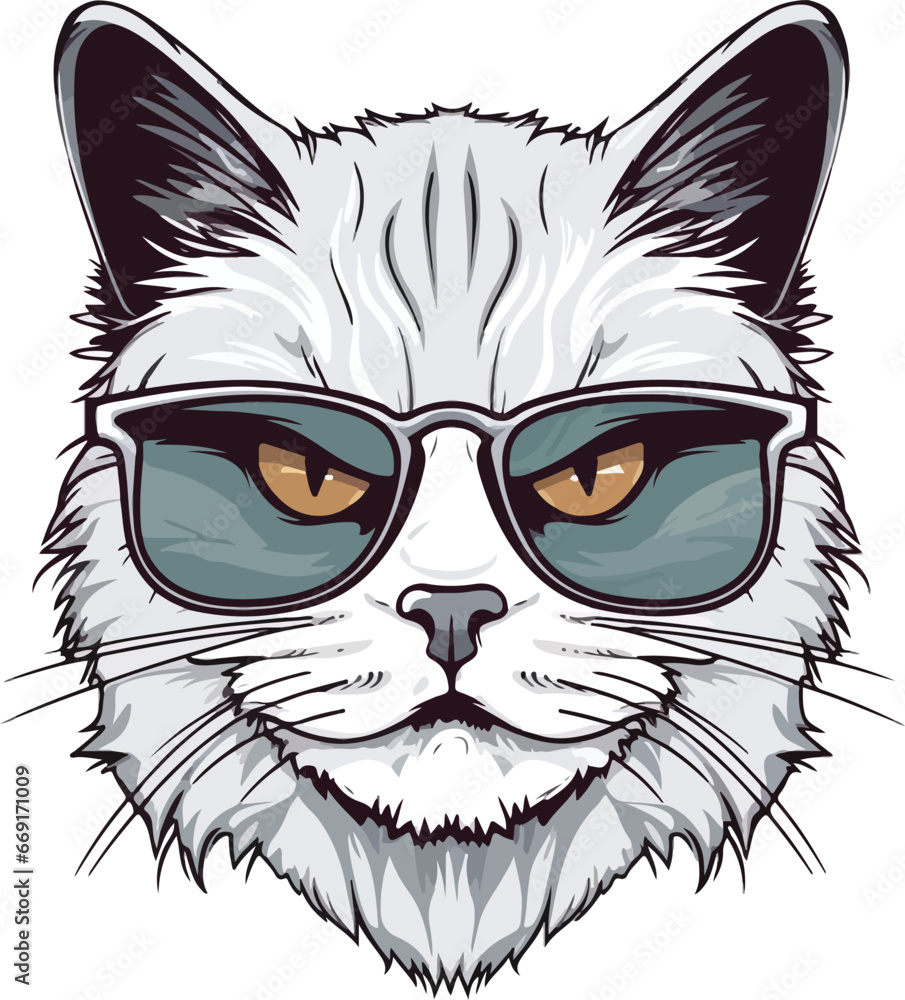 Portrait of Cat with glasses. Vector art illustration, T-shirt design, sticker