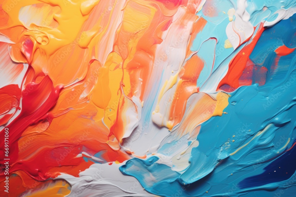 A detailed close-up of a vibrant painting with multiple colors. Perfect for adding a pop of color to any space.