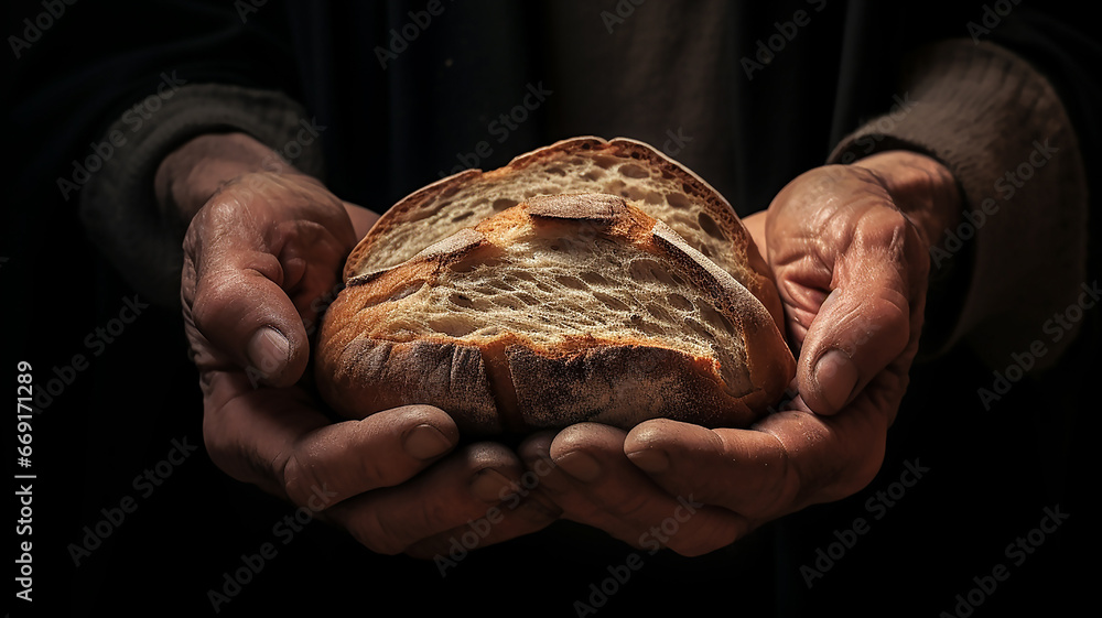Bread in the overworked hands of an old man. Helping a poor person. Close-up. Copy space. - obrazy, fototapety, plakaty 