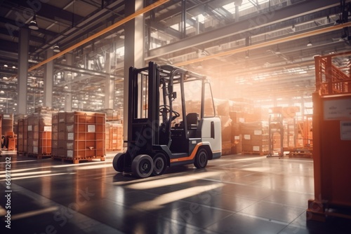 A picture of a forklift in a warehouse with pallets in the background. Perfect for illustrating warehouse operations and logistics
