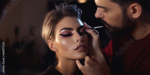 A woman is having her makeup done by a man. This image can be used to showcase professional makeup services or to depict a makeup artist at work photo