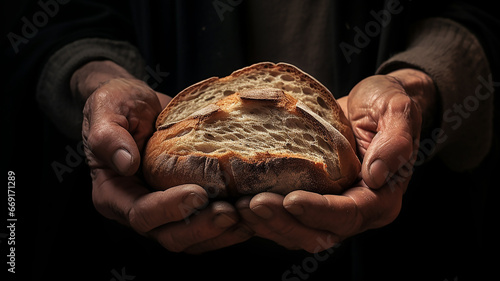 Bread in the overworked hands of an old man. Helping a poor person. Close-up. Copy space. photo