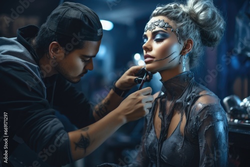 A man and a woman are shown in the process of getting their makeup done. This image can be used to illustrate the preparation for a special event or a professional makeup session