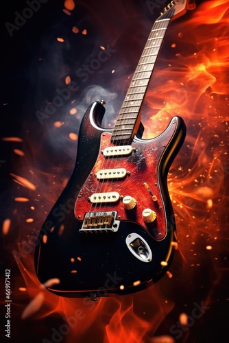 A black electric guitar with flames in the background. This image can be used to depict rock music, passion, and energy