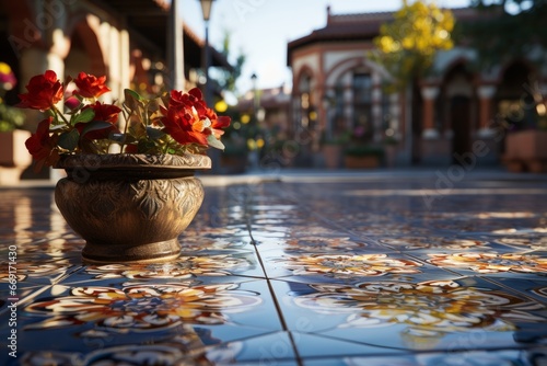Elegant floral display in a patterned porcelain bowl on a tiled table, with a blurred arcade background