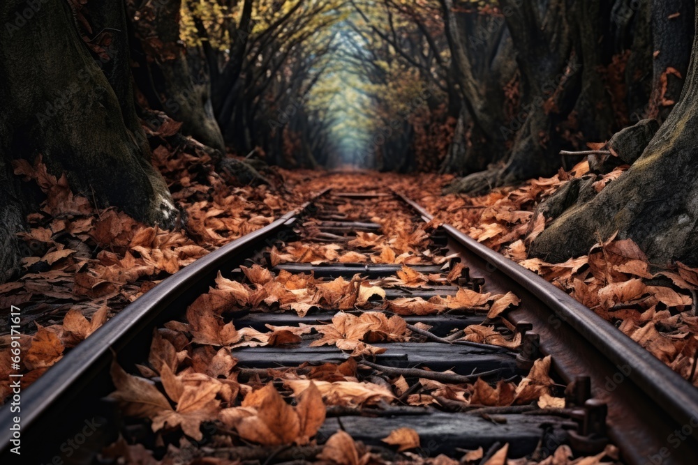 Obraz premium A picturesque train track nestled amidst a lush green landscape, adorned with vibrant leaves and towering trees. Perfect for nature enthusiasts and travel-related designs