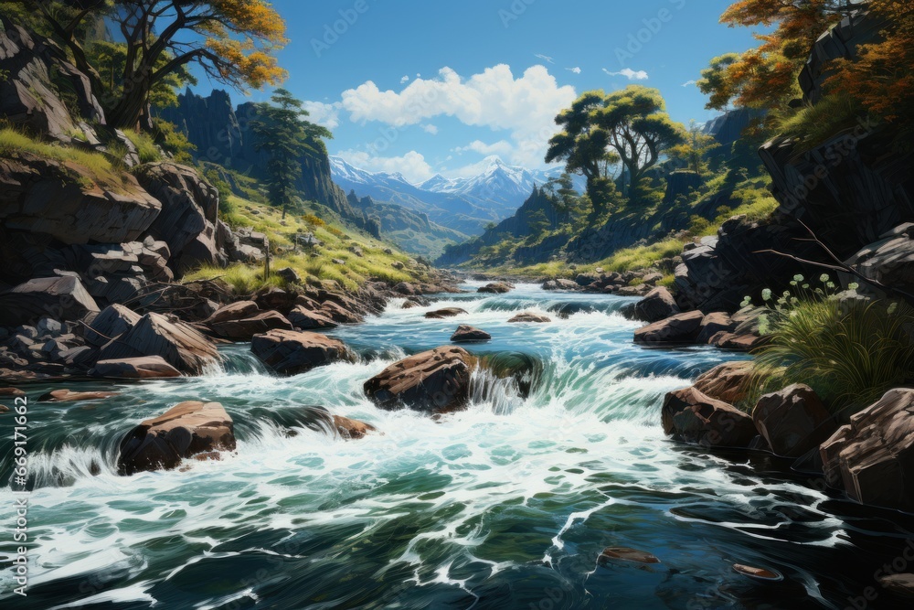 scenery of a river flowing down a mountain