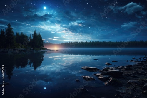 A serene night scene featuring a peaceful lake illuminated by the light of a full moon. This image can be used to create a calming atmosphere or to depict the beauty of nature at night.