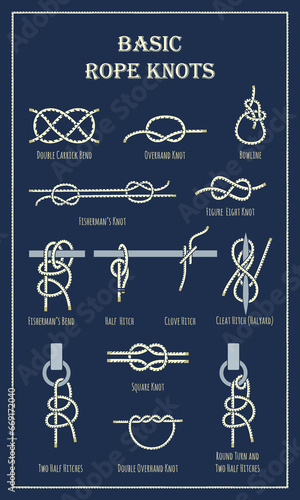 Poster Set of rope knots, hitches, bends  on a dark blue background. Decorative vector design.